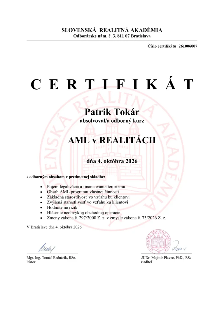 Patrik Tokár - certifikát AML v realitách (Slovenská realitná akadémia)