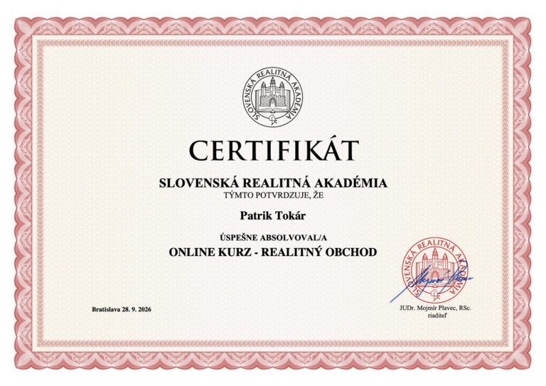 Certifikát Slovenskej realitnej akadémie, online kurz Realitný obchod, Patrik Tokár