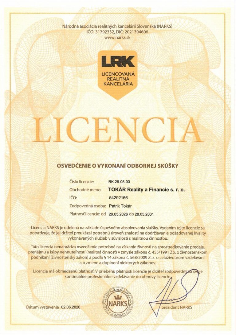 Licencia NARKS licencovaná realitná kancelária LRK, TOKÁR Reality a Financie s. r. o., AGIA reality