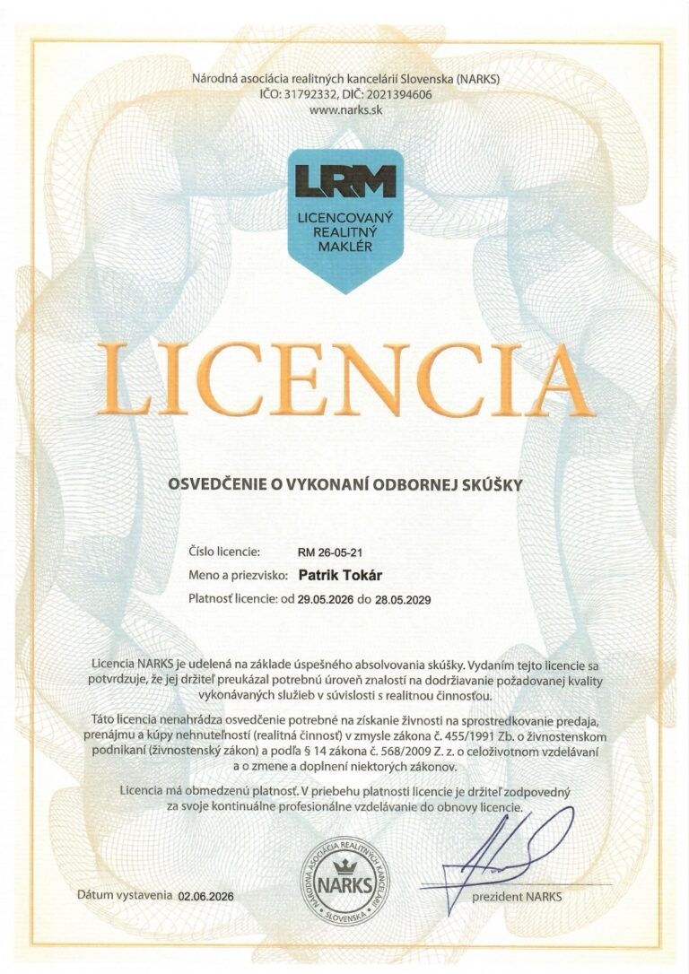 Licencia NARKS licencovaný realitný maklér LRM, Patrik Tokár, AGIA reality