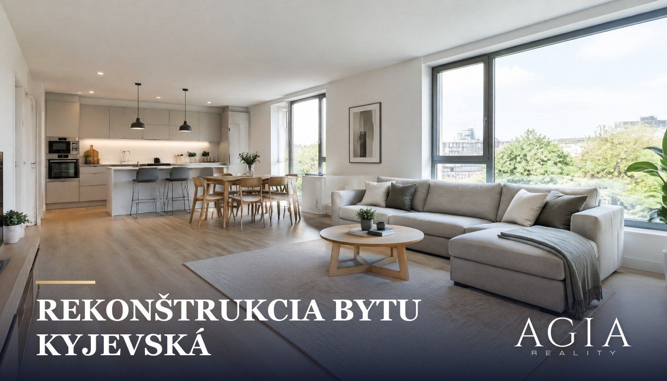 byt Kyjevská Michalovce po rekonštrukcii, svetlá obývačka s kuchynskou časťou