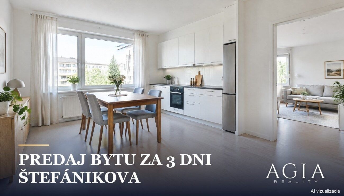 predaj bytu Štefánikova, svetlý trojizbový byt s jedálenským stolom pri okne