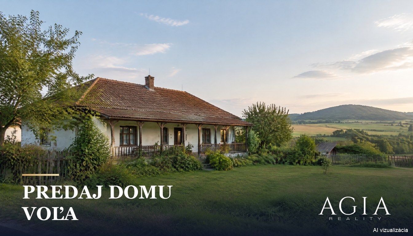 predaj domu Voľa, starší dom na dedine s verandou a výhľadom na polia